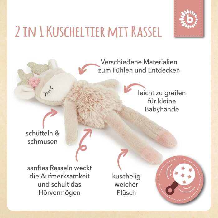 Bieco Kuscheltier Reh Ella mit Rassel | Baby Kuscheltier ab 0 Monate Stofftier Baby Plüschtier Reh r – Bild 6
